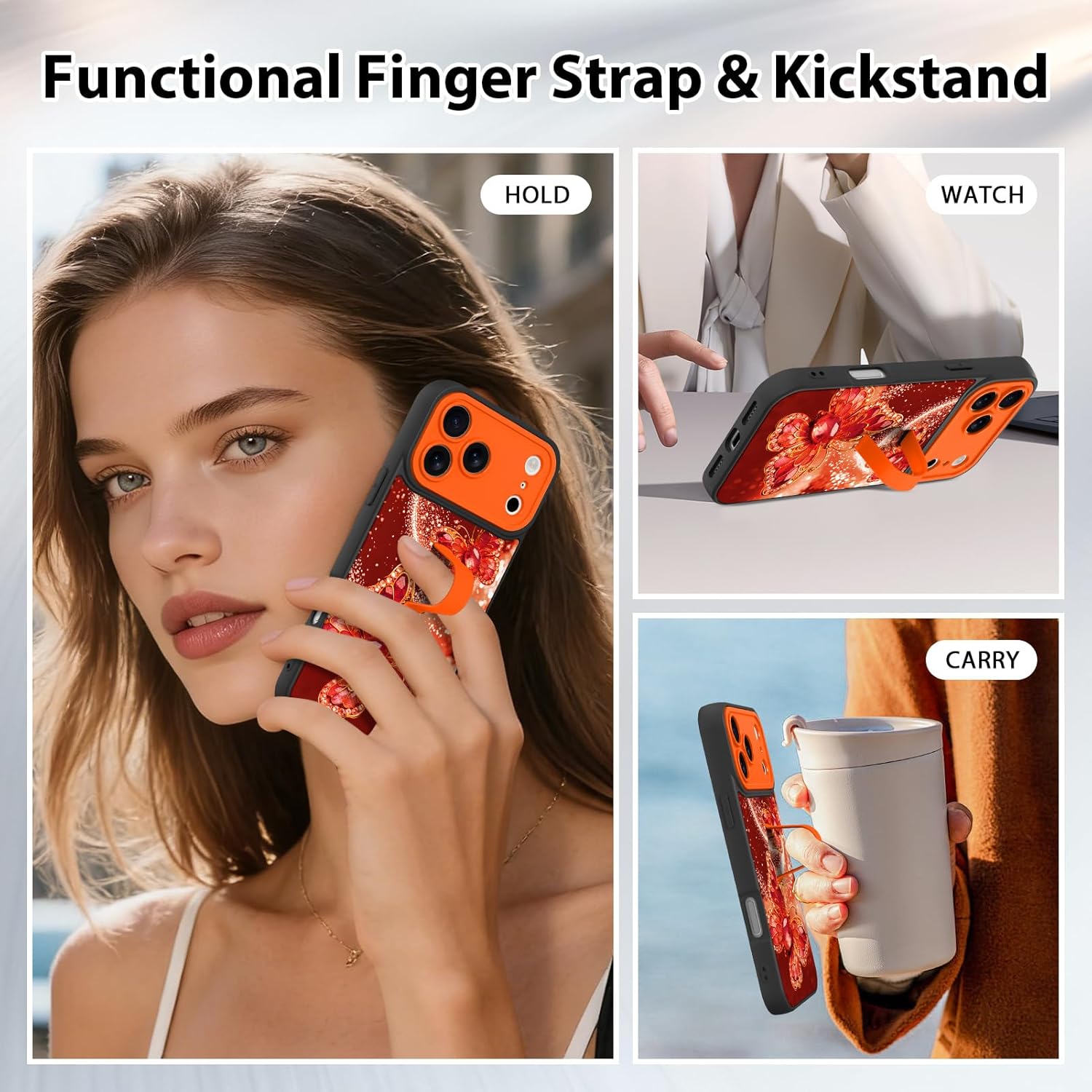Phone Case Made for fit for iPhone 17 Pro Max, Strap Stand, Cover for Girls Women -Orange Butterfly