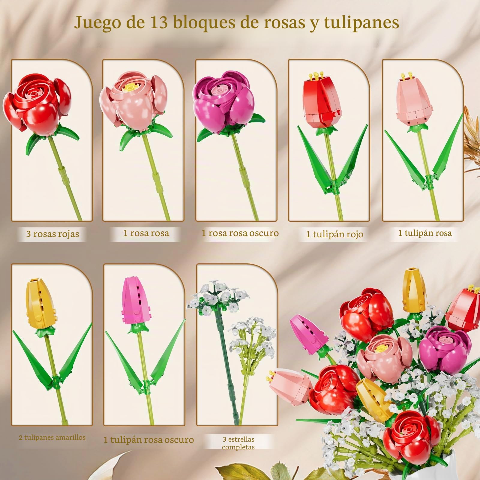 Set de Construcción de Ramos de Flores, Kit de Construcción de Ramo de Flores de Tulipanes Rosas, Colección de Flores Artificiales Botánicas para Adultos, Niños, Regalos de San Valentín