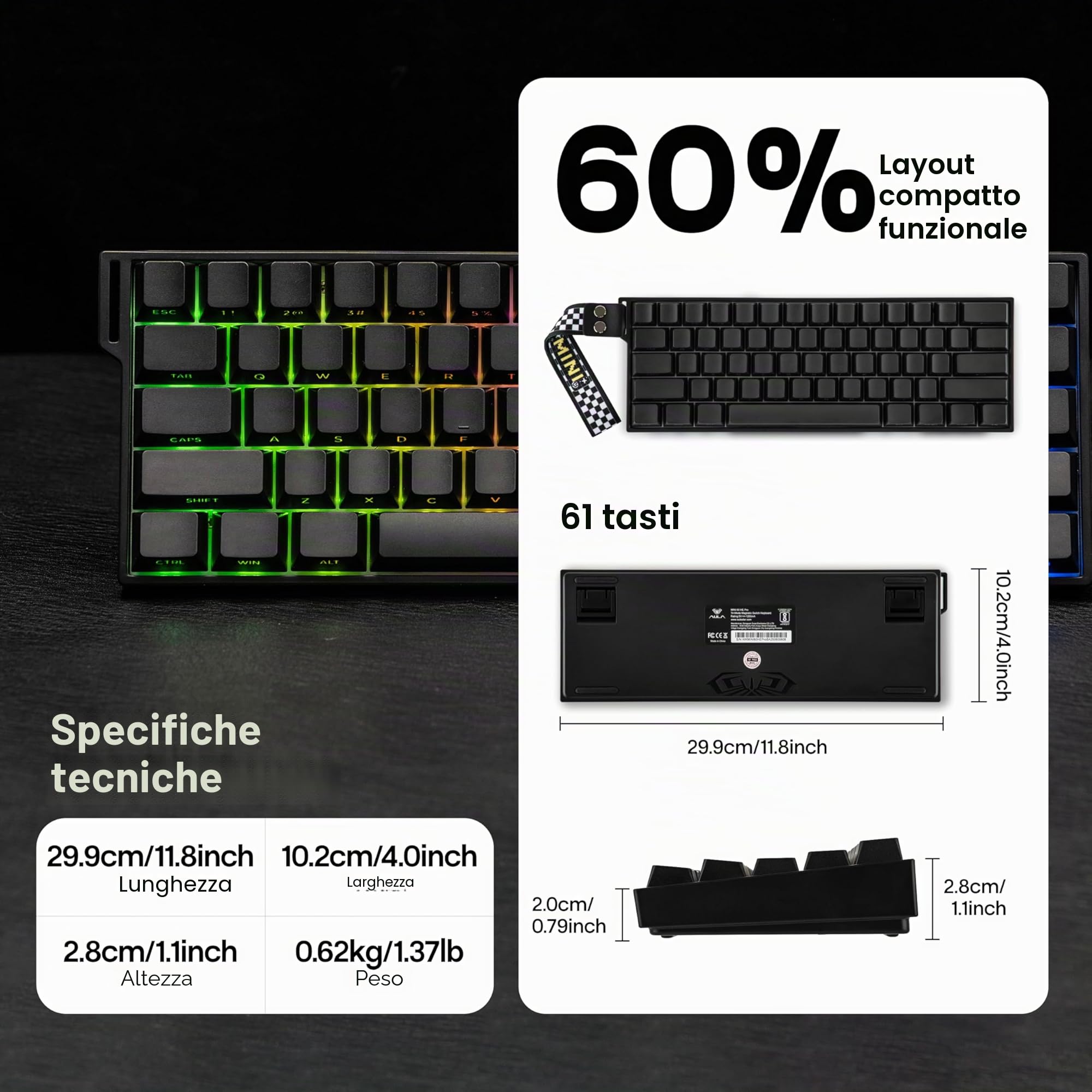 MechLands Aula Mini60 HE PRO - Tastiera senza fili con effetto hall, 4000 mAh, SOCD & DKS, tastiera magnetica da gioco, azionamento regolabile, query 8K, RGB, attenuazione del rumore (nero)