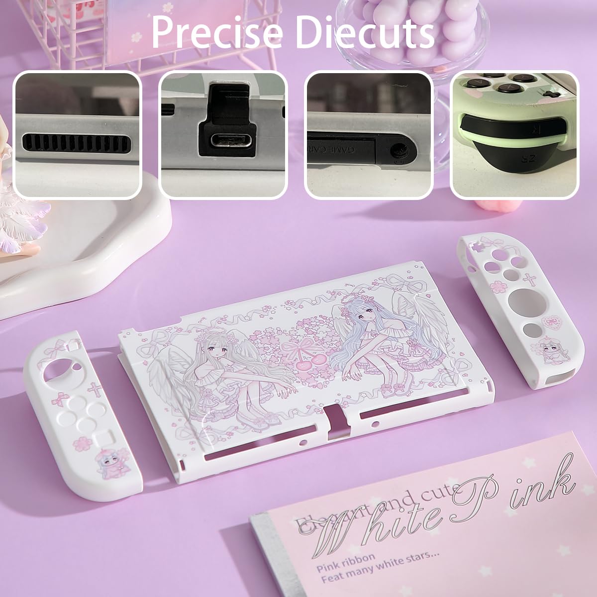 Protective Case for Switch OLED, Silicone Cover Shell Compatible with Nintendo Switch OLED Dockable Case Kawaii Pink Sakura Angel Accessory Full Protection for Controller & Joy con - Image 7