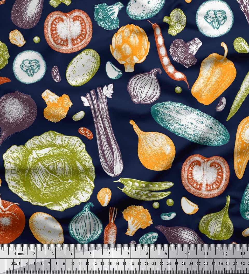 Soimoi Blue Cotton Voile Fabric Mixed Vegetable Printed Craft Fabric by the Yard 56 Inch Wide