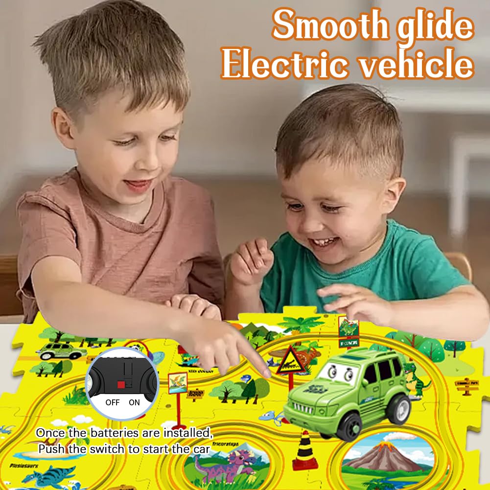 Kinder Puzzle Track Auto Spielset – Mit 12 Puzzles, Schildern & Elektroauto, DIY-Rennstrecke Zum Zusammenbauen