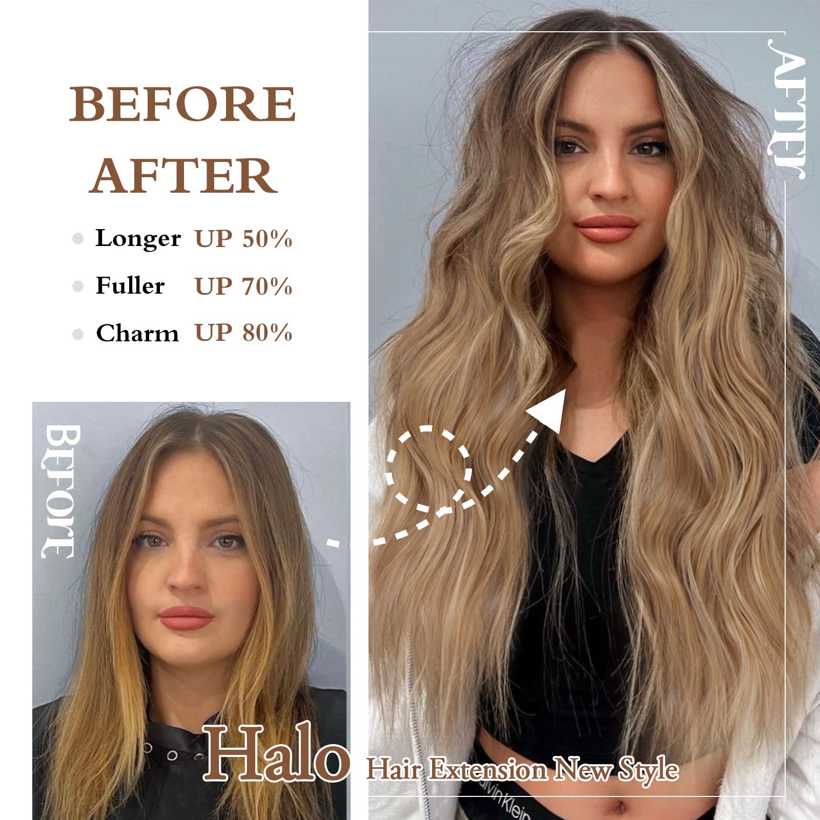BUPPLER Halo Hair Extensions 20 Inch Invisible Wire Hair Extensions Adjustable Long Wavy Hairpiece Synthetic Upgrade 4 Secure Clips in Hairpieces 20 Inch,Medium Golden Brown - Image 3