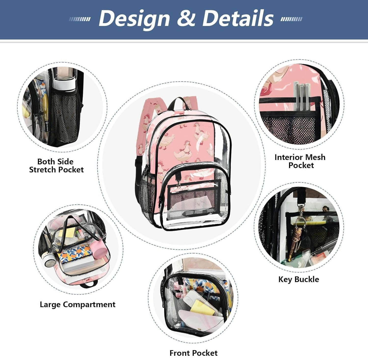 Cute Duck Hat Clear Backpack Heavy Duty See Through Transparent PVC BookBag for Kids Boy Girl Adult School Work