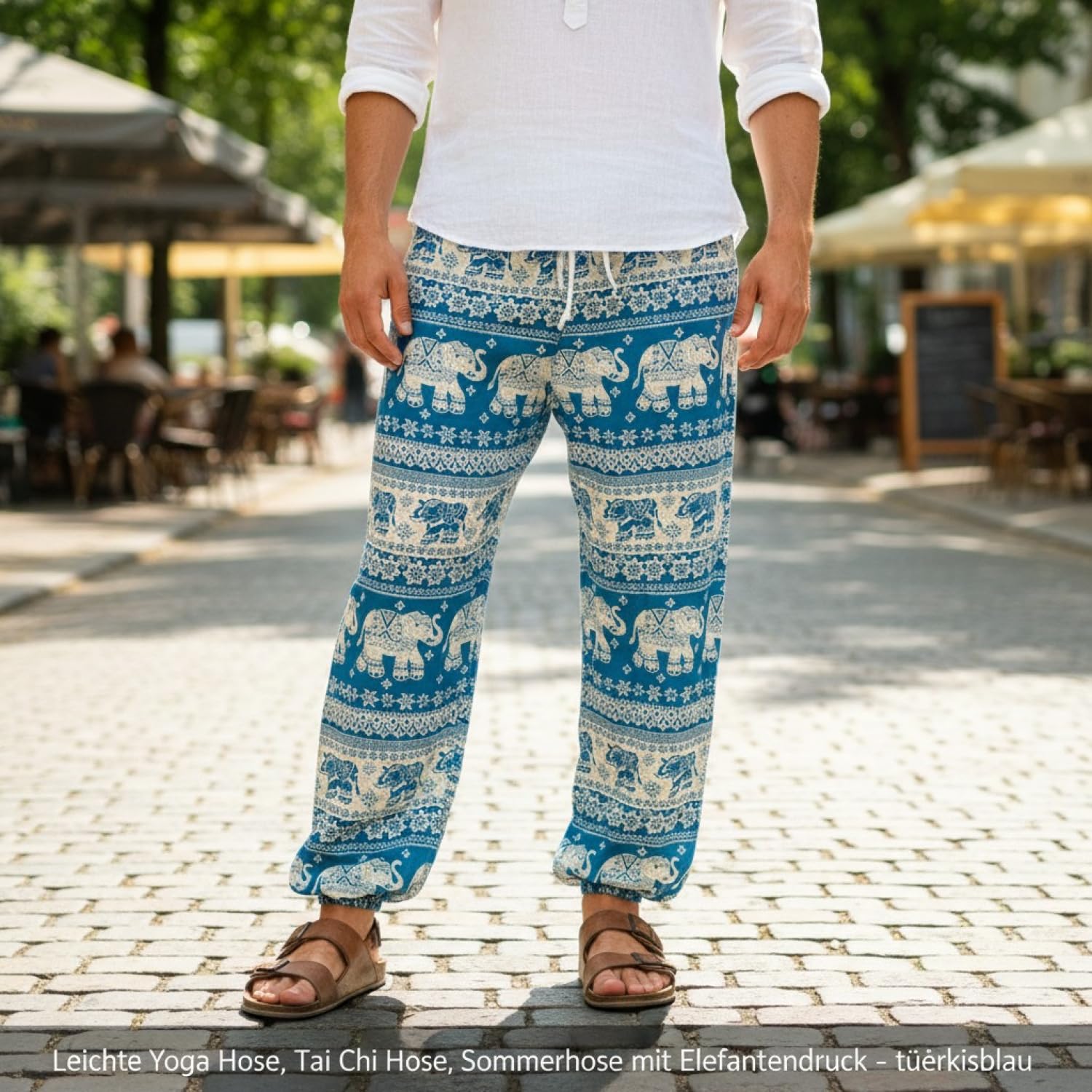 GURU SHOP Leichte Yoga Hose, Tai Chi Hose, Sommerhose mit Elefantendruck, Herren