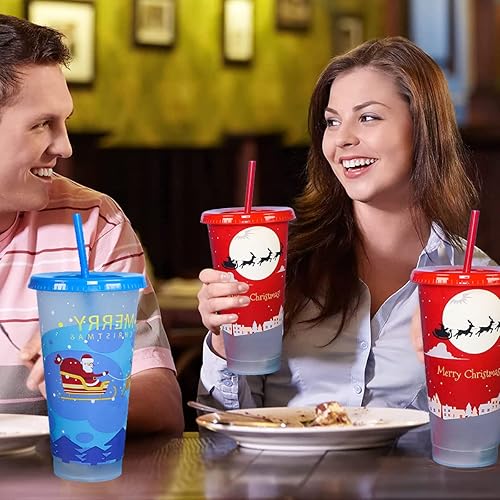 Miniatura 6 de Vasos navideños que cambian de color con tapas y popotes, paquete de 5 vasos reutilizables de 24 onzas con tapas y popotes, vasos de plástico con