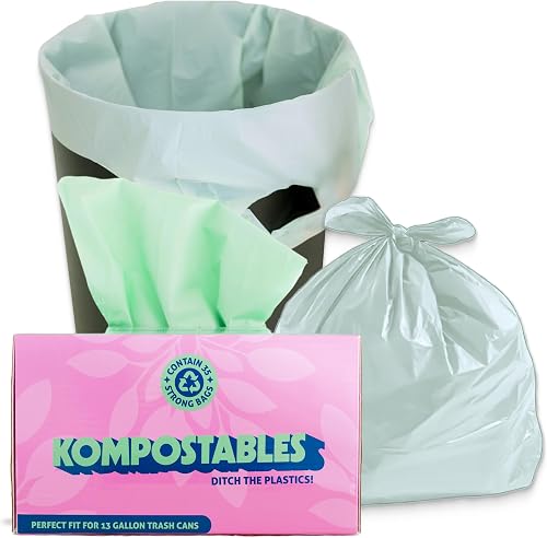 BPI 100% Home Compostable Kitchen Trash Bags, 13 Gallon 1.5 Mil Heavy Duty Unscented Corn Plastic Bags w/Handles, Tall Biodegradable Garbage, Compost & Food S Waste Can Liners, 35 Ct