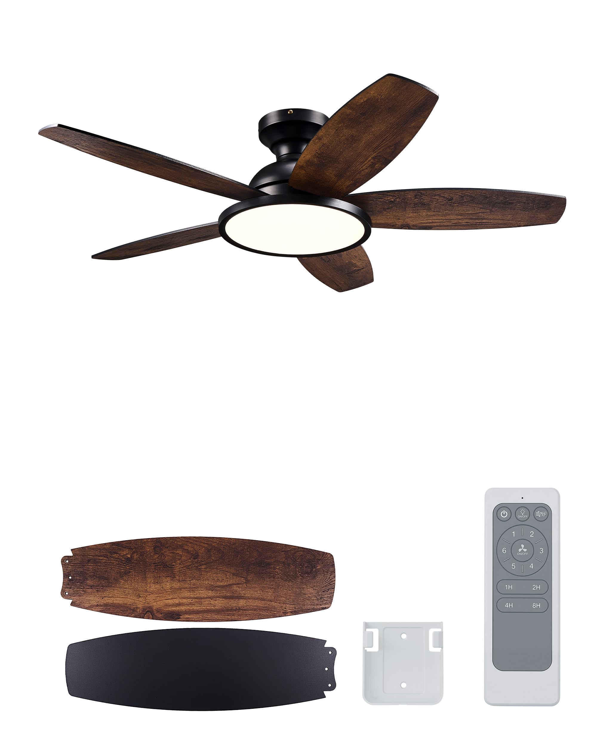 VONLUCE Ventilador de Techo con Luz y Mando a Distancia, 107 cm, 5 Aspas, Motor DC Reversible Silencioso de 6 Velocidades, Ventilador de Techo para Salón, Estudio, Patio, Negro Mate y Madera Oscuro
