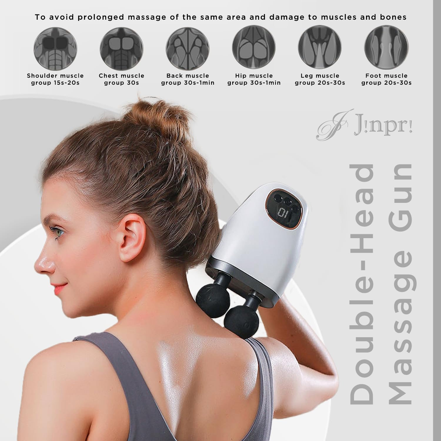 JINPRI Gun Massager For Pain Relief-Massage Gun Machine For Fully Body-Gun Massager Rechargeable With 6 Speed Setting For Muscle Massage Of Back,Neck,Shoulder,Hand,Foot&Leg For Daily Use (DOUBLE-HEAD) 3