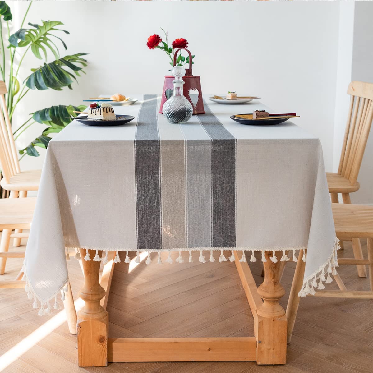 Mantel de tela con borlas, 100% algodón natural, cuadrado de lino para cocina, restaurante, lavable a máquina, mantel a rayas, azul de 55 x 142 pulgadas