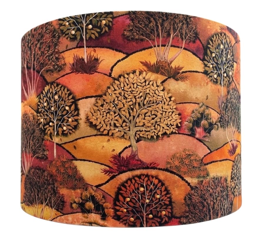 Autumn Trees Lampshade – Warm Orange Landscape Drum Shade, Nature Inspired Fabric Light Shade for Table, Floor or Ceiling Lamp