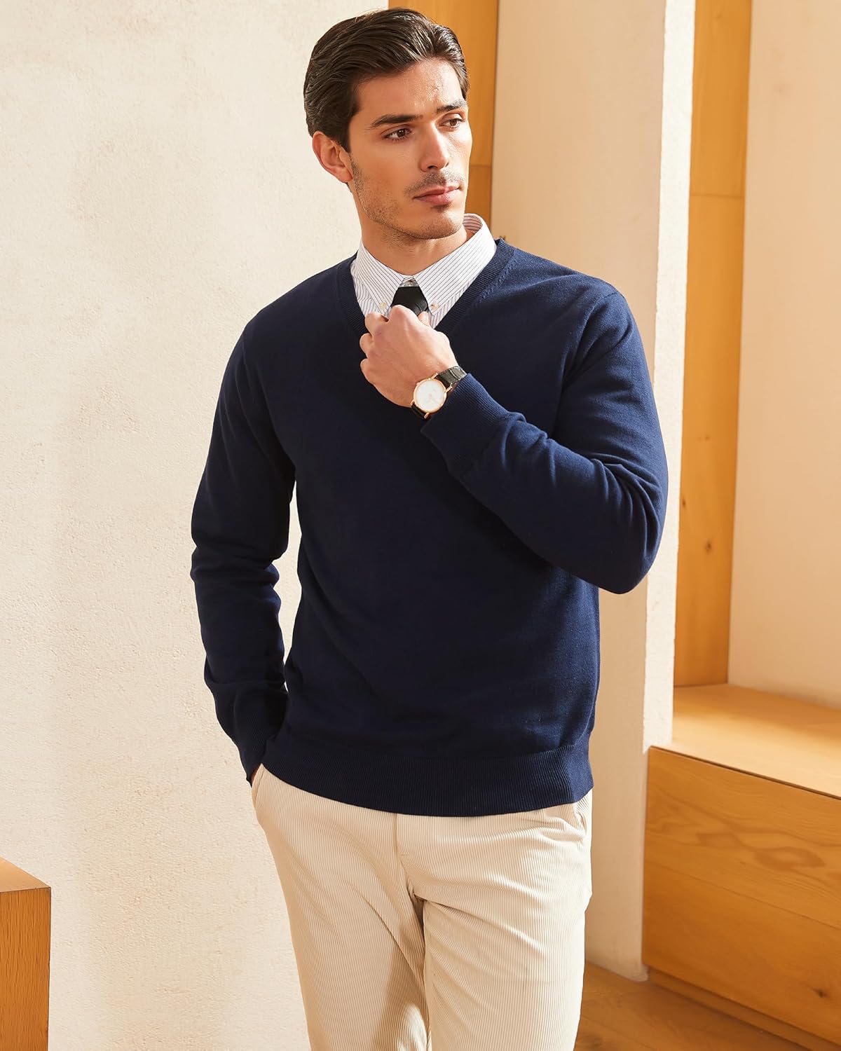 Kallspin Men's V Neck Sweater Pullover Regular Fit Pure Cotton Long Sleeve Lightweight Knit Casual Smart Layering - Image 6