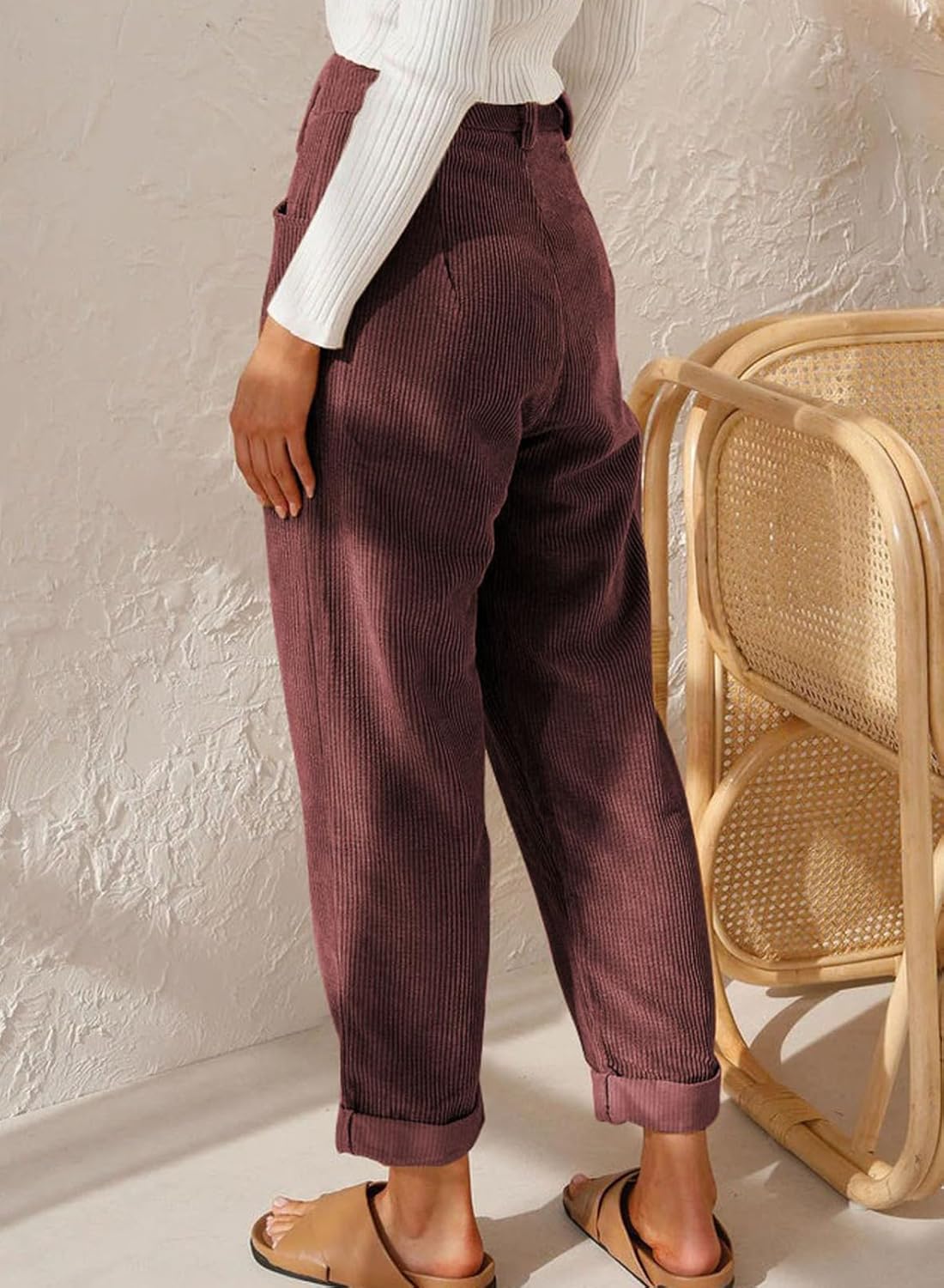 Acelitt Womens Elastic Waist Straight Leg Corduroy Pants with Pockets, S-2XL - Image 3