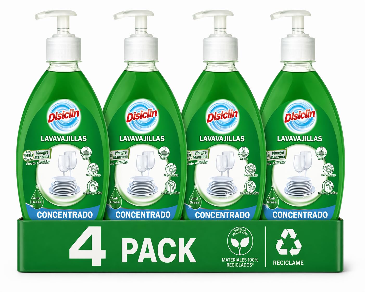 Lavavajillas Concentrado Disiclin con Vinagre de Manzana, Pack 4 Botellas, Detergente Líquido para Platos