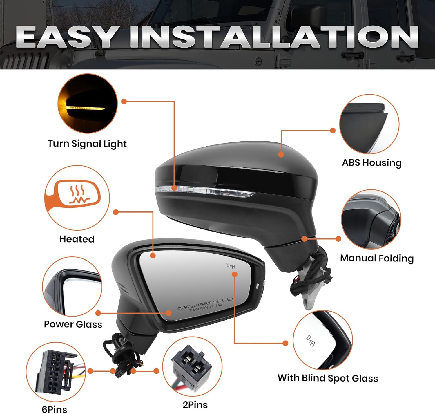 Right Passenger Electric Side Mirror Compatible with Volkswagen Tiguan 2018 2019 2020 2021 2022 2023 2024 2025 with Signal Light Heated with Blind Spot Power Glass Manual Folding (6+2 Pins) Black