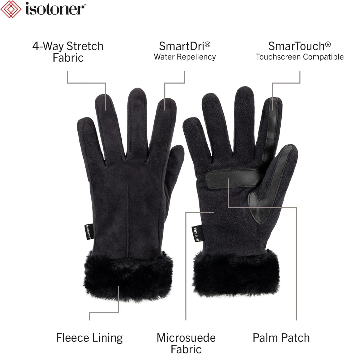 isotoner womens Water Repellent Touchscreen Stretch Mya Faux Fur Cuff Gloves - Image 2