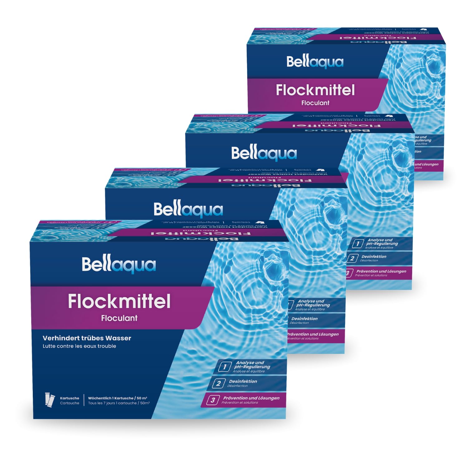 Bellaqua Flockkartuschen 4 x 1 kg - Flockungsmittel für Sandfilter/Filterglas - Kartusche Poolchemie, Wasserreinigung, Trübungsentfernung