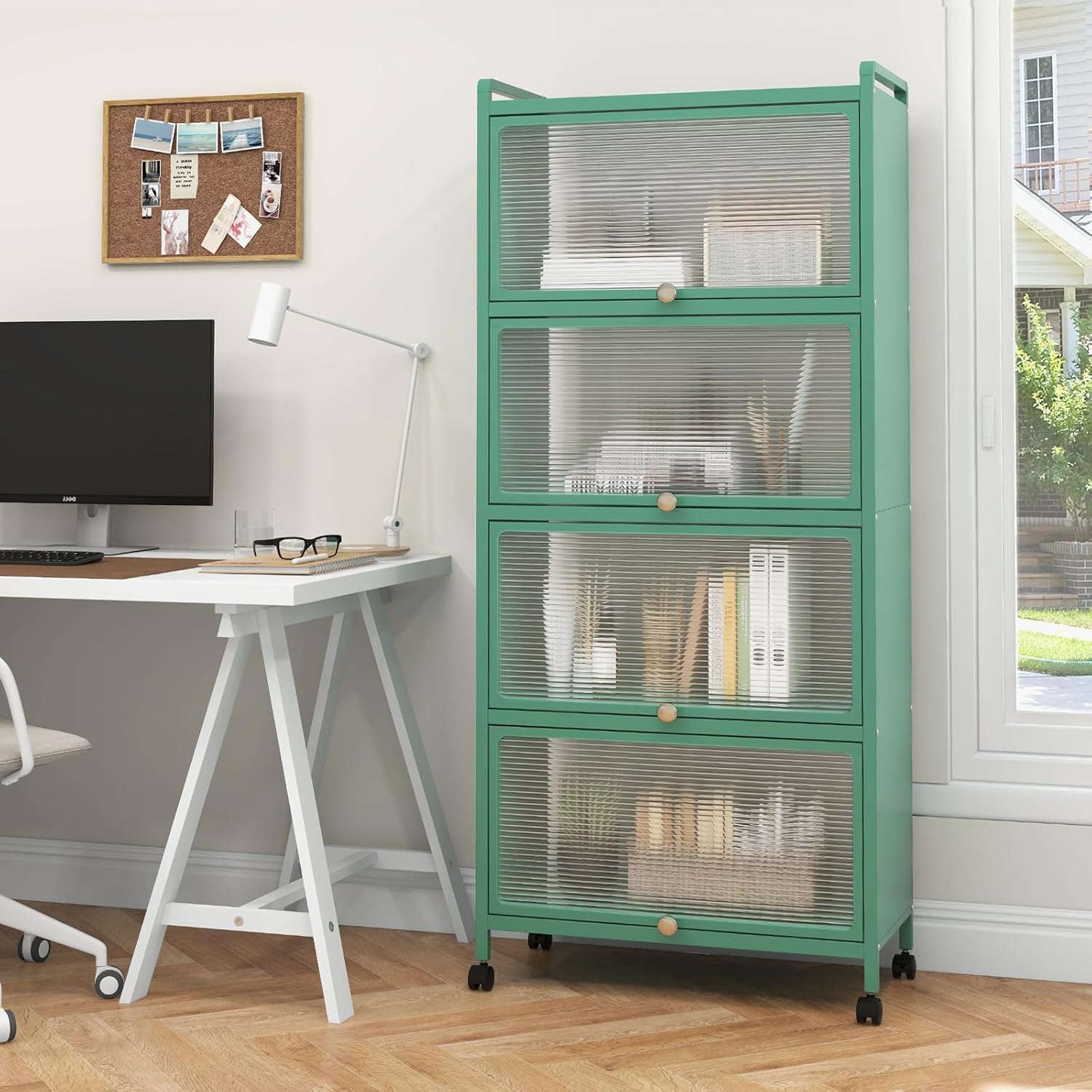 LOKO 5-Tier Kitchen Storage Cabinet,Freestanding Baker’s Rack with 4 Rolling Casters, Mobile Microwave Stand with Double Anti-toppling Device, for Dining Room, Living Room and Study (Green, 60.5" H)