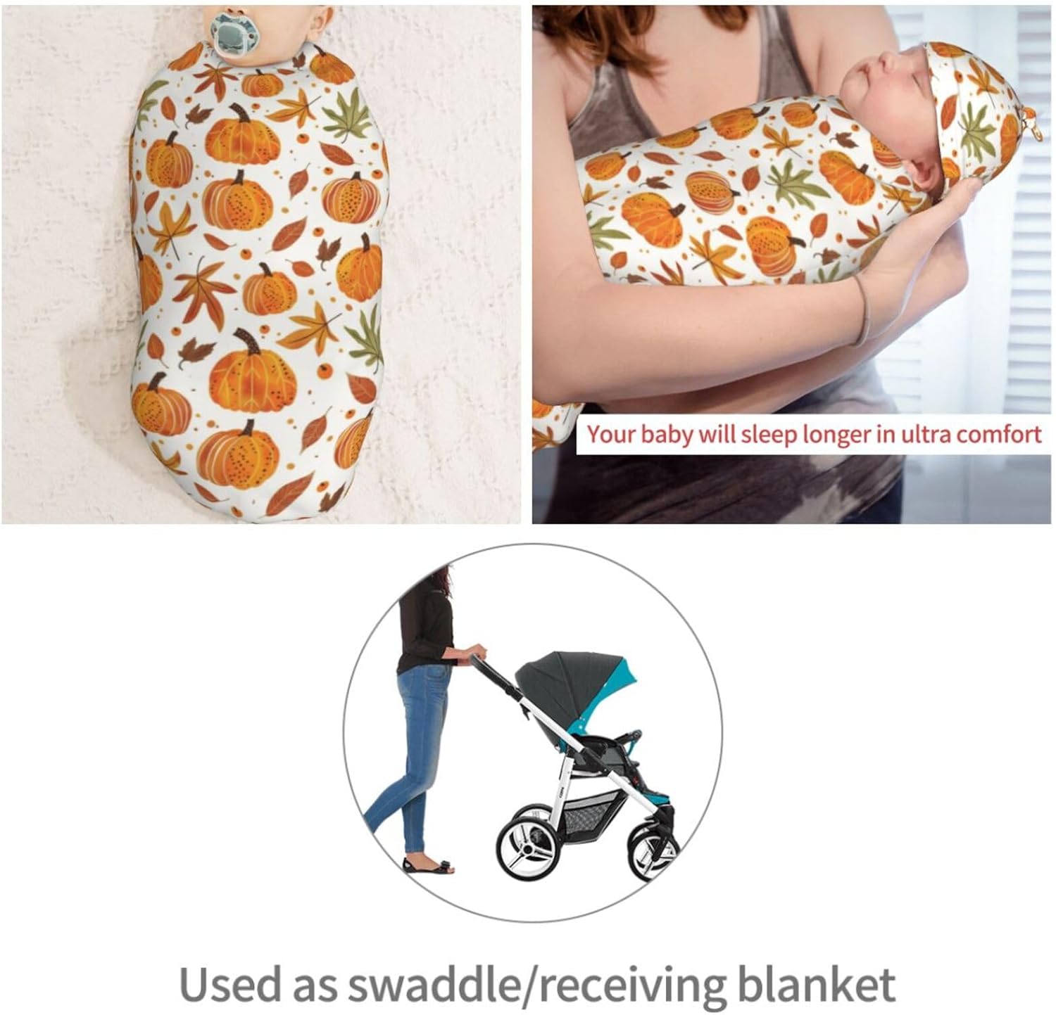 Fall Pumpkins Newborn Swaddle Blankets Hat Sets Soft Baby Receiving Blanket Swaddle Sack for Baby Shower Infant Boy Girl Gift - Image 4