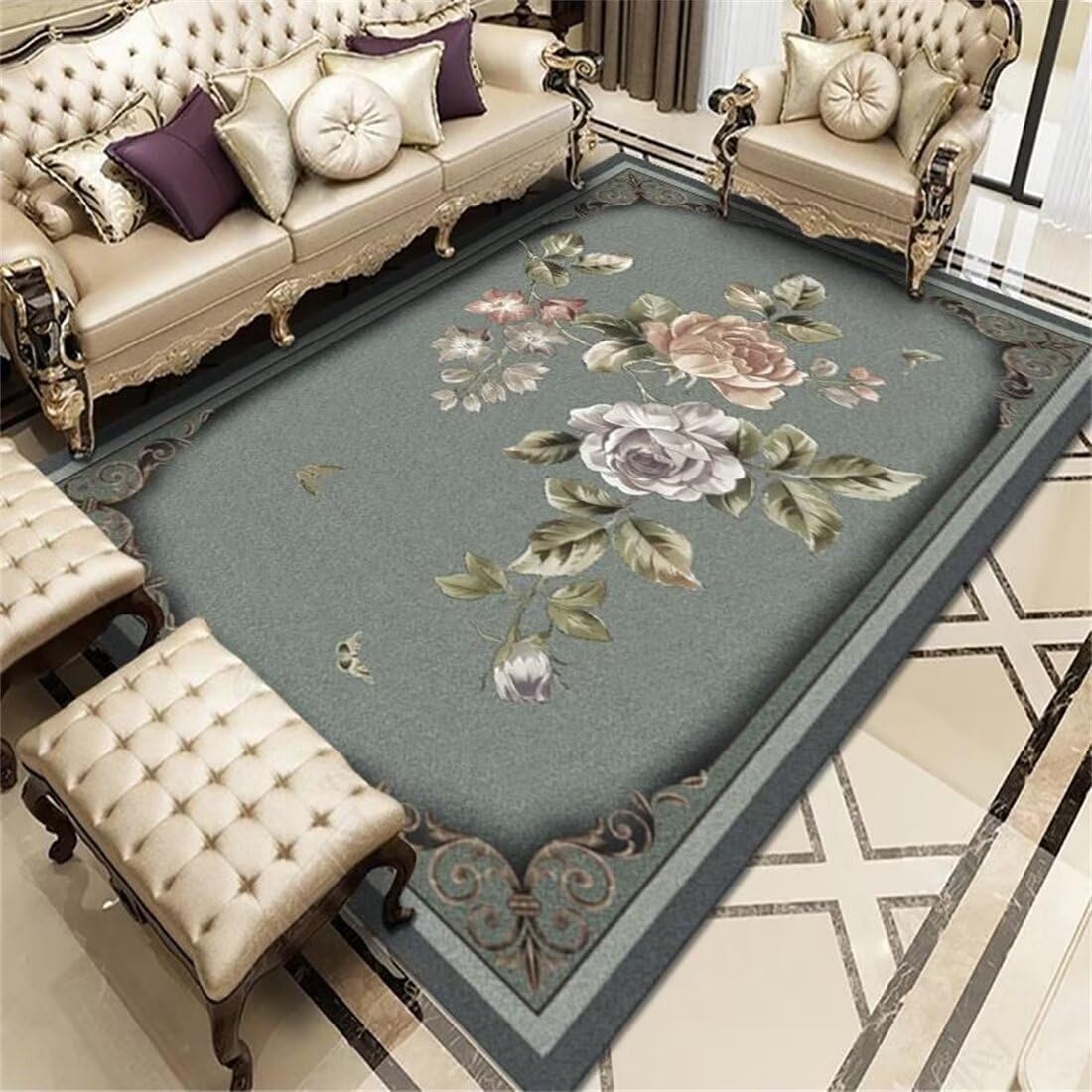 Tapis gris 100x200cm pour chambre ado avec motif floral coloré