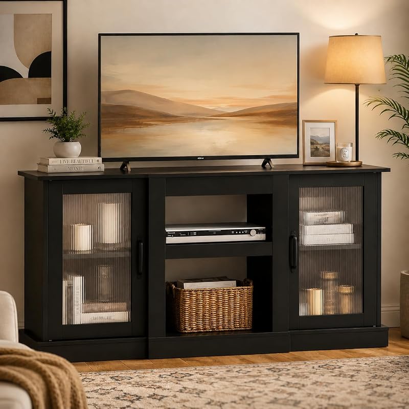 WLIVE 58" Farmhouse TV Stand for 65/60/55 Inch TVs, Tall Entertainment Center with Storage Cabinets & Adjustable Shelves, Modern Media Console Table with Acrylic Doors for Living Room Bedroom, Black