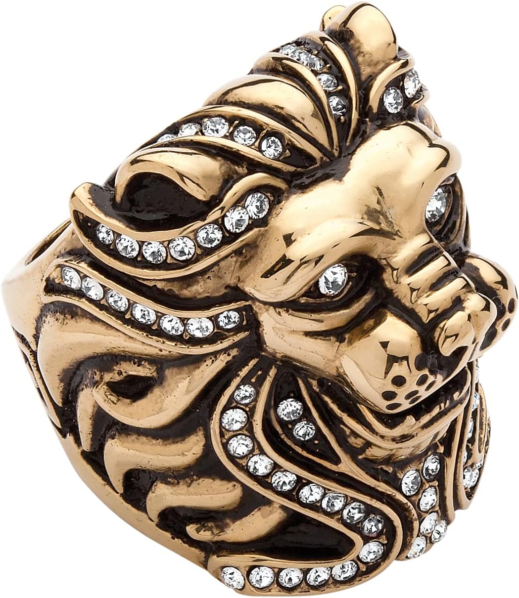 PalmBeach Men's Yellow Gold Ion-Plated Stainless Steel Antiqued Round Crystal Lions Head Ring Sizes 8-13 Size 11