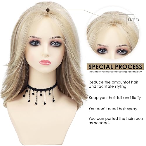 Miniatura 5 de XIUFAXIRUSI XIUFAXIRUSI Pelucas onduladas largas en capas para mujer, peluca de cabello natural sintético, pelucas rubias con reflejos, rubio claro