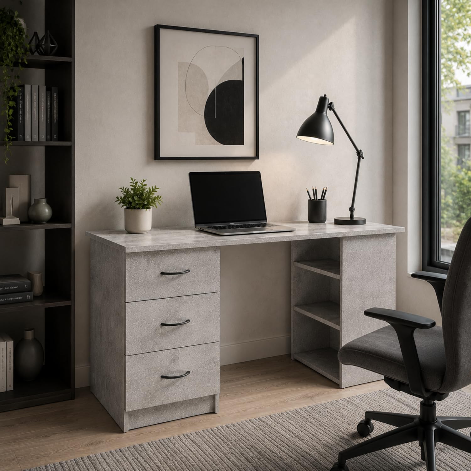 Arreditaly Scrivania Moderna Con 3 Cassetti E 3 Vani A Giorno Scrittoio Struttura In MDF Resistente Design Minimal Ideale Per Ufficio Studio Cameretta E Smart Working 120 x 49 x 72 Cm Grigio Cemento