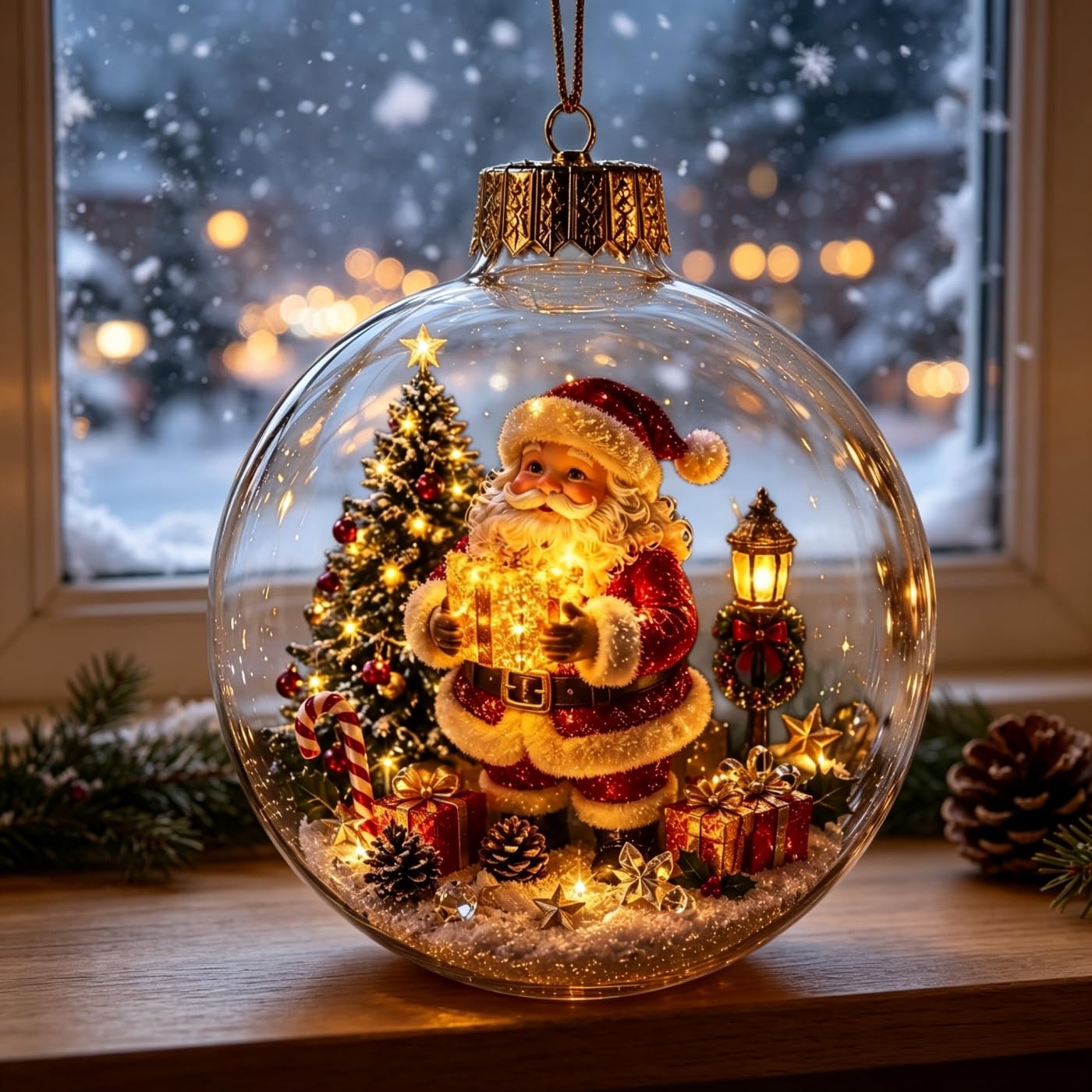 Glowing Christmas Diorama Ornament, Miniature Christmas Scene in Clear Plastic Balls with Warm Led Light, Hanging Holidays Festive Decor, Charming Gifts for Familys