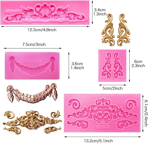 Miniatura 3 de Rainmae 6 moldes de silicona de estilo barroco para fondant de encaje, molde de encaje de flores de alivio, molde de filigrana esculpido en 3D,