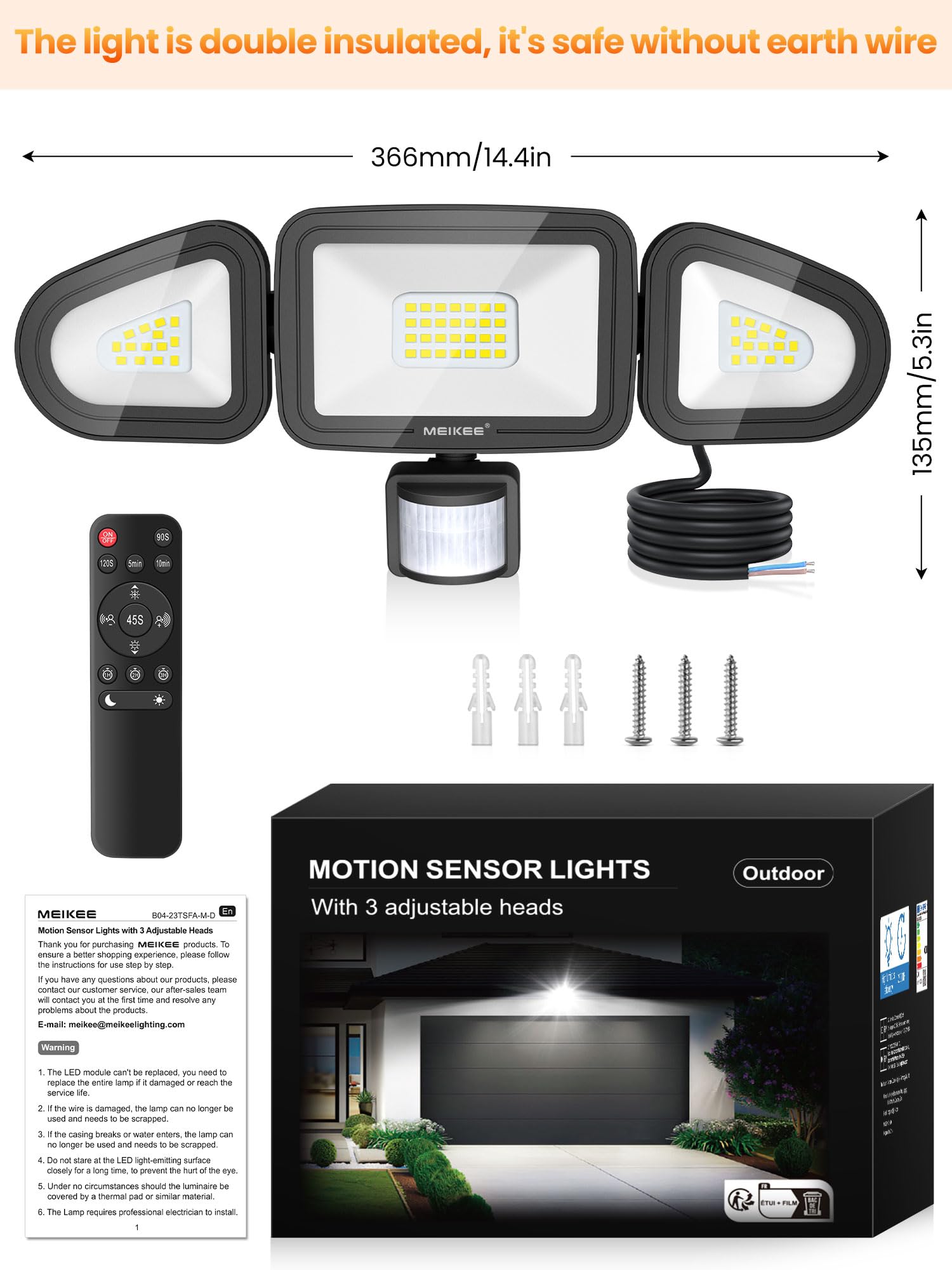 MEIKEE 42W Faretto con Sensore di Movimento 3600LM 6500K Bianca Fredda IP66 Impermeabile con Telecomando 10 Luminosità 4 Modalità 3 Timer Faro led da Esterno per Giardino Cortile Garage