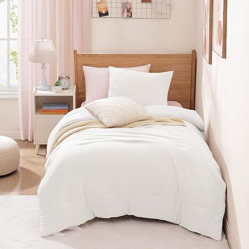 Twin/Twin XL Comforter Set-2 Pieces Soft White Comforter Dorm Bedding | All Seasons Prewashed Cozy Down Alternative Lightweight Comforter Sets with 1 Pillow Sham