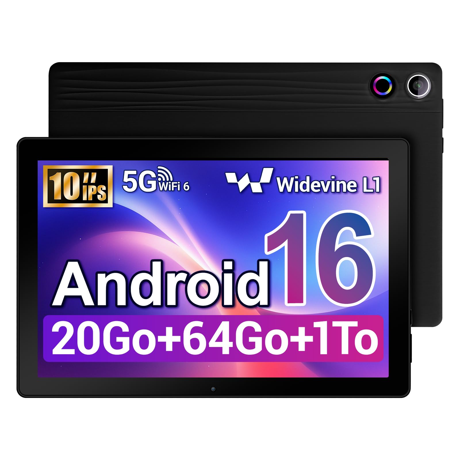 Tablette 10 Pouces Android 16 Tablette 5-Core Tablette, Widevine L1 20Go + 64 Go + 1 to TF, WiFi 6 BT 5.3 Batterie 6000 mAh, Transmission OTG, Déverrouillage du Visage, Prise Casque Type C (Noir)