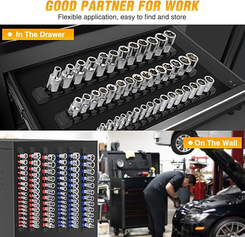 Vista 64 de GOOACC Organizador magnético de enchufes de 1/4 de pulgada, 2 piezas de soporte métrico SAE, bandeja organizadora de enchufes de 1/4 de pulgada