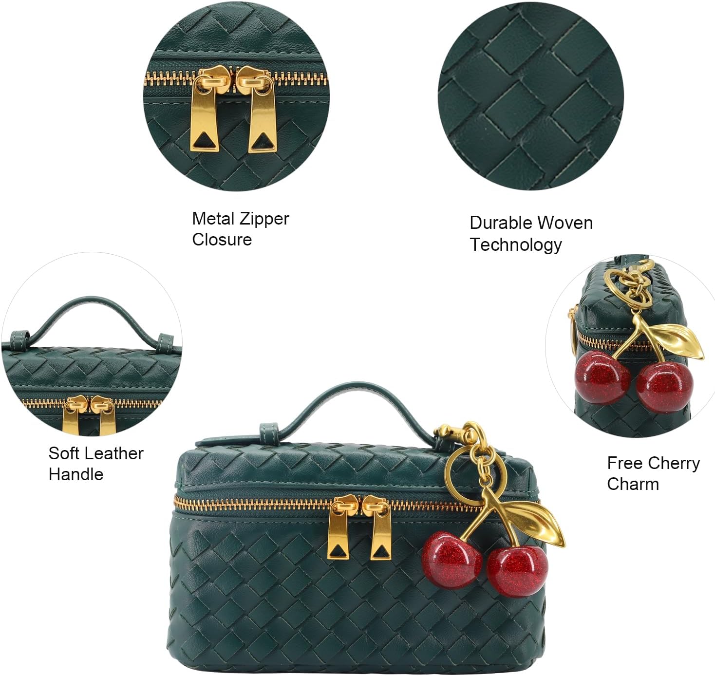 Woven Crossbody Bags for Women Trendy Clutch Purse Bag Small Top Handle Leather Handbag with Cherry Charm - Image 4