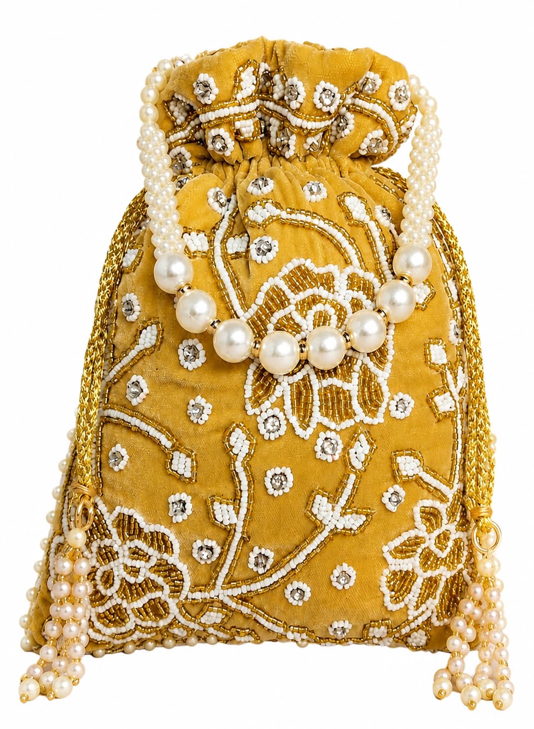 Potli Bag for Women dark beige Color Velvet Embellished with White, Golden, Silver Beads Work Wedding Potli for Ladies Lehnga Sharara Sarees Fashion Accessory-image-45