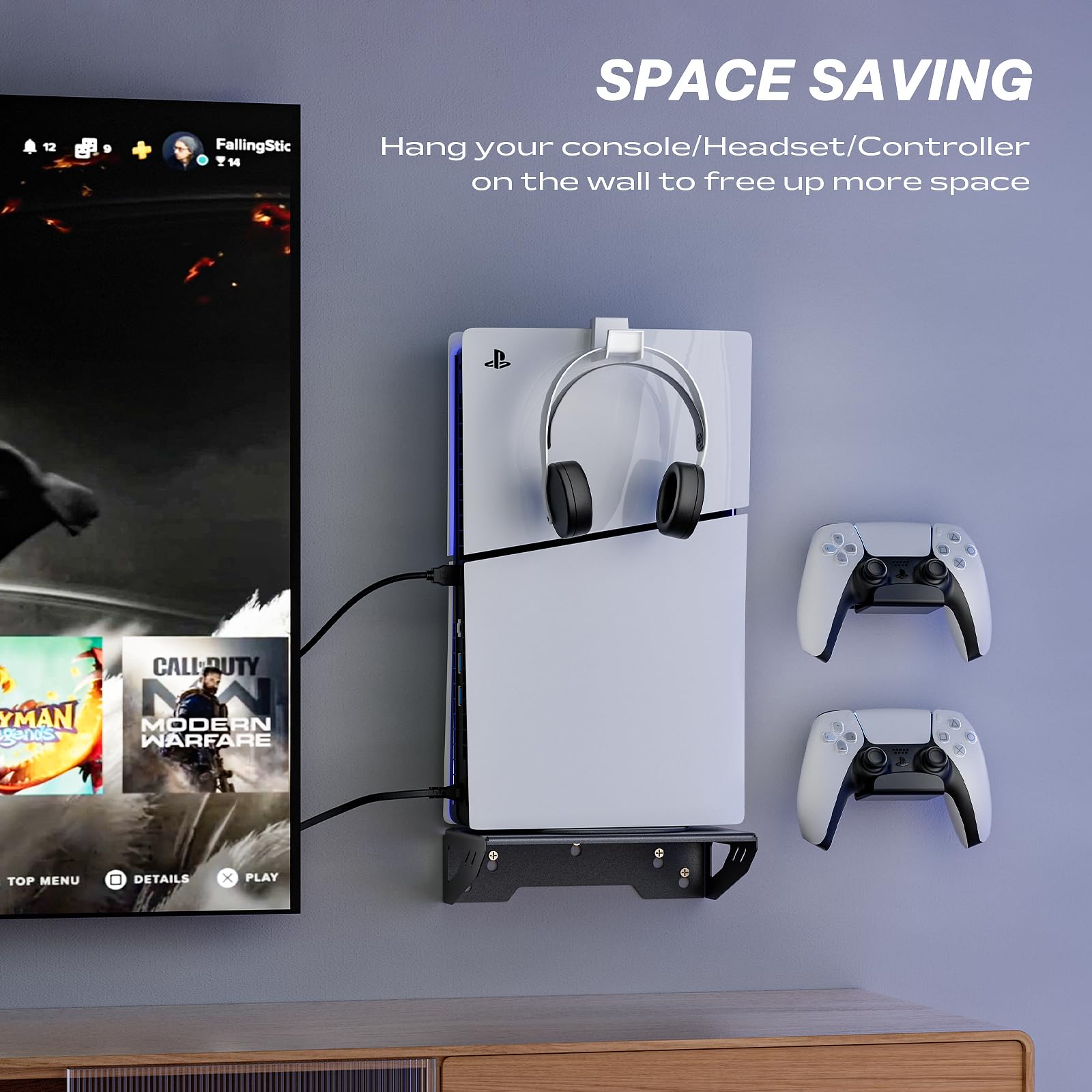 Aceshop Support Mural PS5/PS5 Slim,Support mural compatible avec PS5/PS5 Slim (Disque et Numérique) Acier Support Mural Playstation 5 Support mural pour console PS5/PS5 Slim avec support de Contrôleur