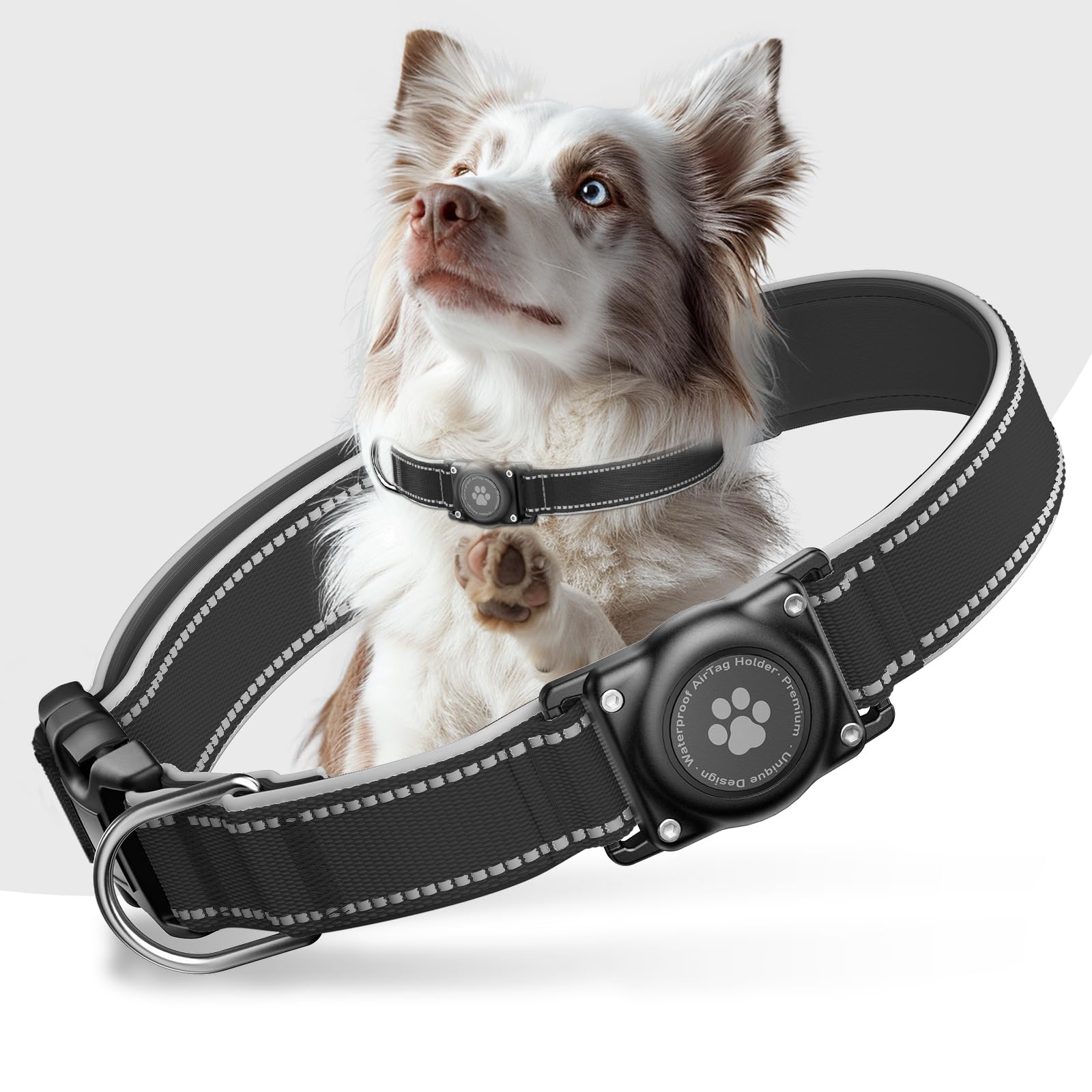 AirTag Dog Collar, IP68 Waterproof Air Tag Dog Collar Holder, Reflective, Ultra-Durable, Comfortable Padded, Heavy Duty Dog Collars for Small Medium