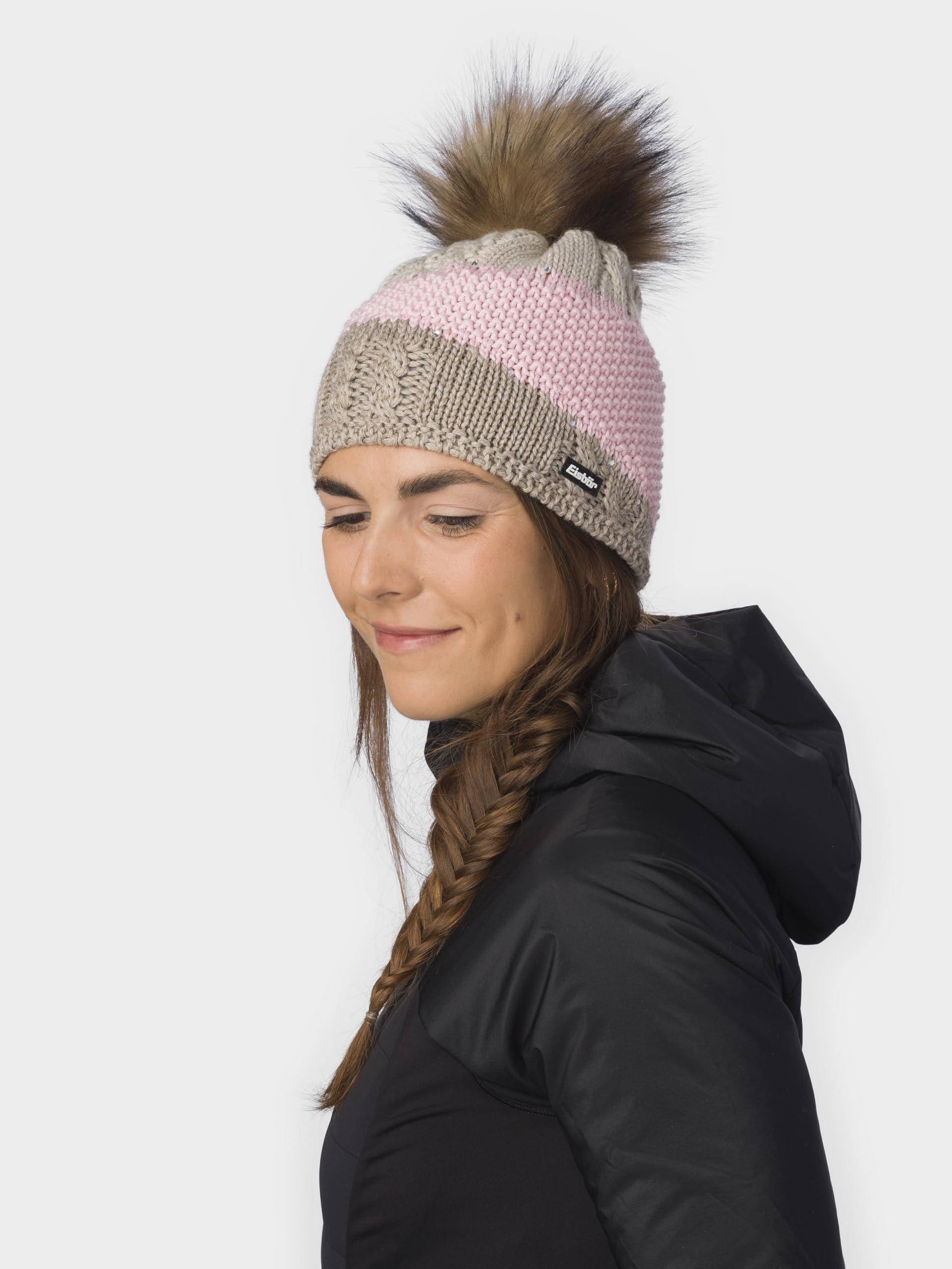 Eisbär Mütze Damen Eden Lux Crystal - Merino Bommelmütze für Frauen - mit Fleece schützt vor Kälte und Wind - Strickmütze mit Pompon aus Kunstfell mit Swarovski Kristallen edle Wintermütze