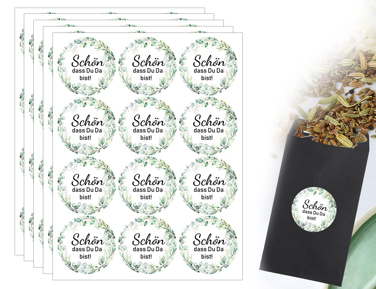 KAPSING Pack de 120 pegatinas, qué bueno que estás aquí, pegatinas de eucalipto de boda, pegatinas de boda redondas de 3,8 cm, accesorios de regalos