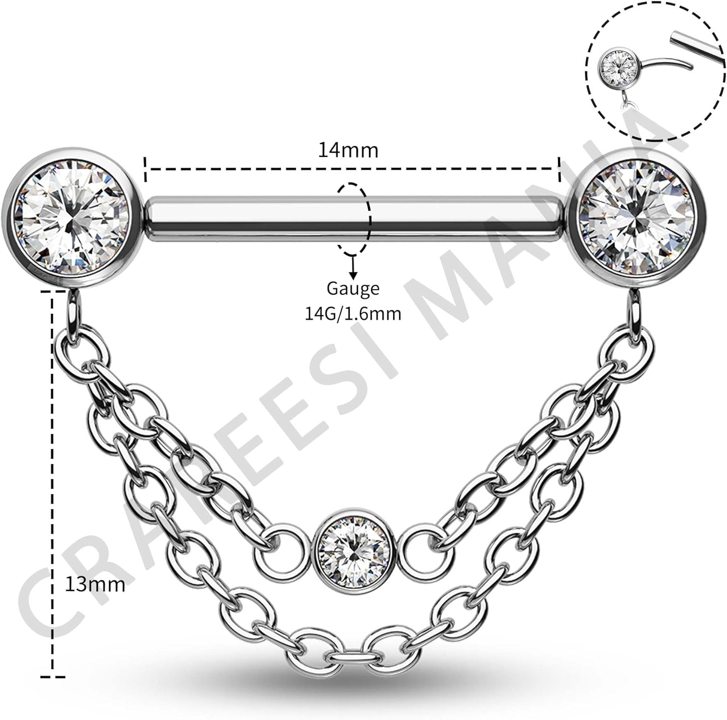 CM Crareesi Mania Threadless Push-in Nipple Ring 14G Stainless Steel Chain Nipple Piercing Jewelry 2PCS Nipple Rings for Women Dangle CZ Nipple Jewelry - Image 3