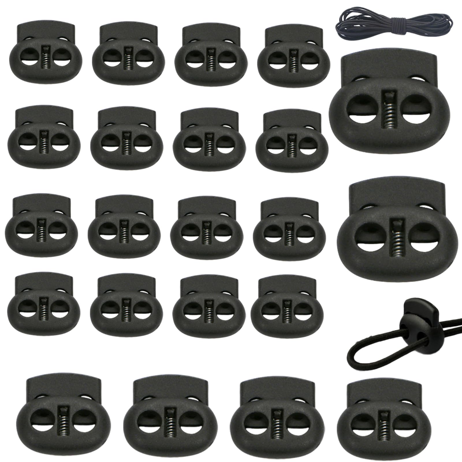 90pcs Dual Holes Spring Cord Locks Set And 5-Meter Elastic Rope,Double 4.5mm Holes Loaded Round Cord Ends Stopper Fastener Oval Toggle Locks For Shoelaces Sweatpants Hats Drawstrings Clothing Bags