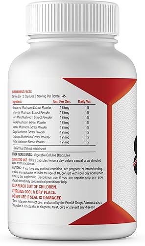 Miniatura 3 de Suplemento de hongos 8 complejos de hongos, 90 cápsulas, melena de león, cola de pavo, cordyceps, ganoderma, shitake, maitake, chaga, hongos ostra,