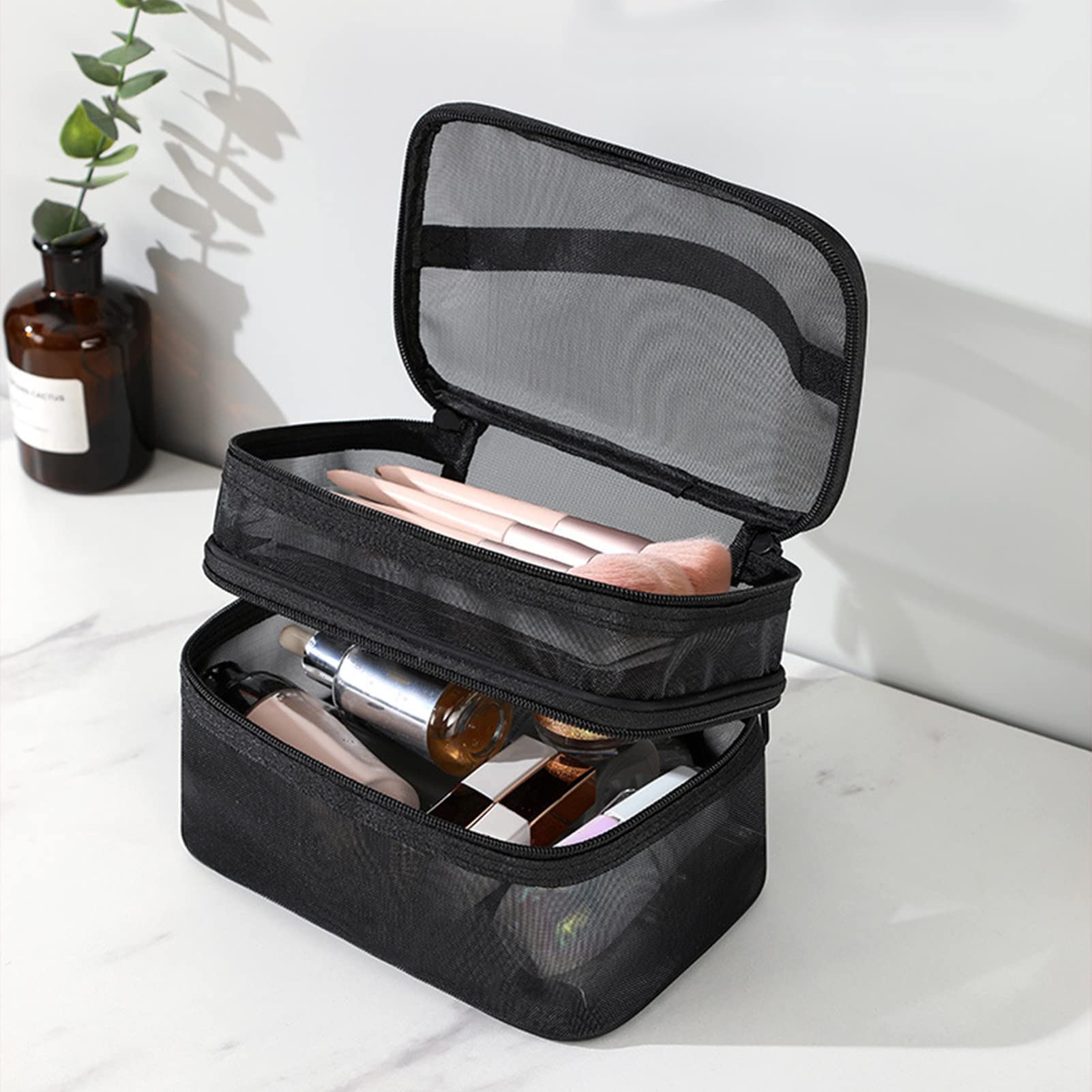 Mesh-Kulturbeutel Set (2 Größen) – Atmungsaktive Netz-Kosmetiktasche Mit Reißverschluss, Schwarz, Für Reisen & Sport