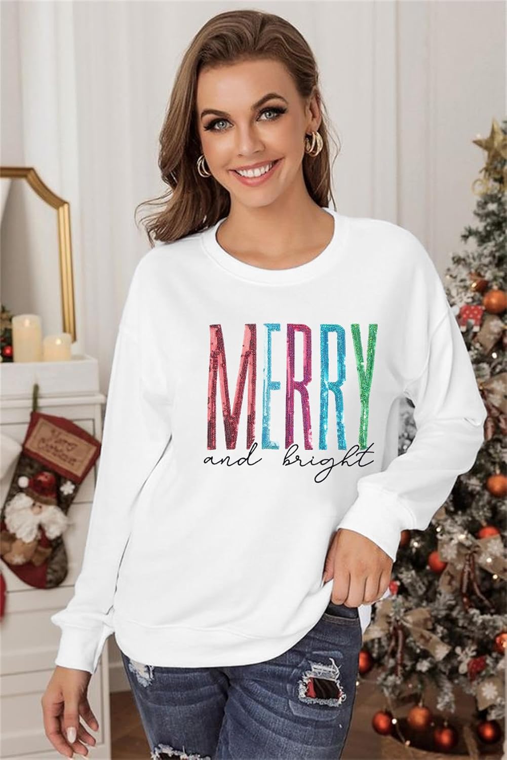 Merry and Bright Sweatshirt Women Merry Christmas Letter Print Long Sleeve Sweater Xmas Crewneck Pullover Casual Blouse Tops - Image 4