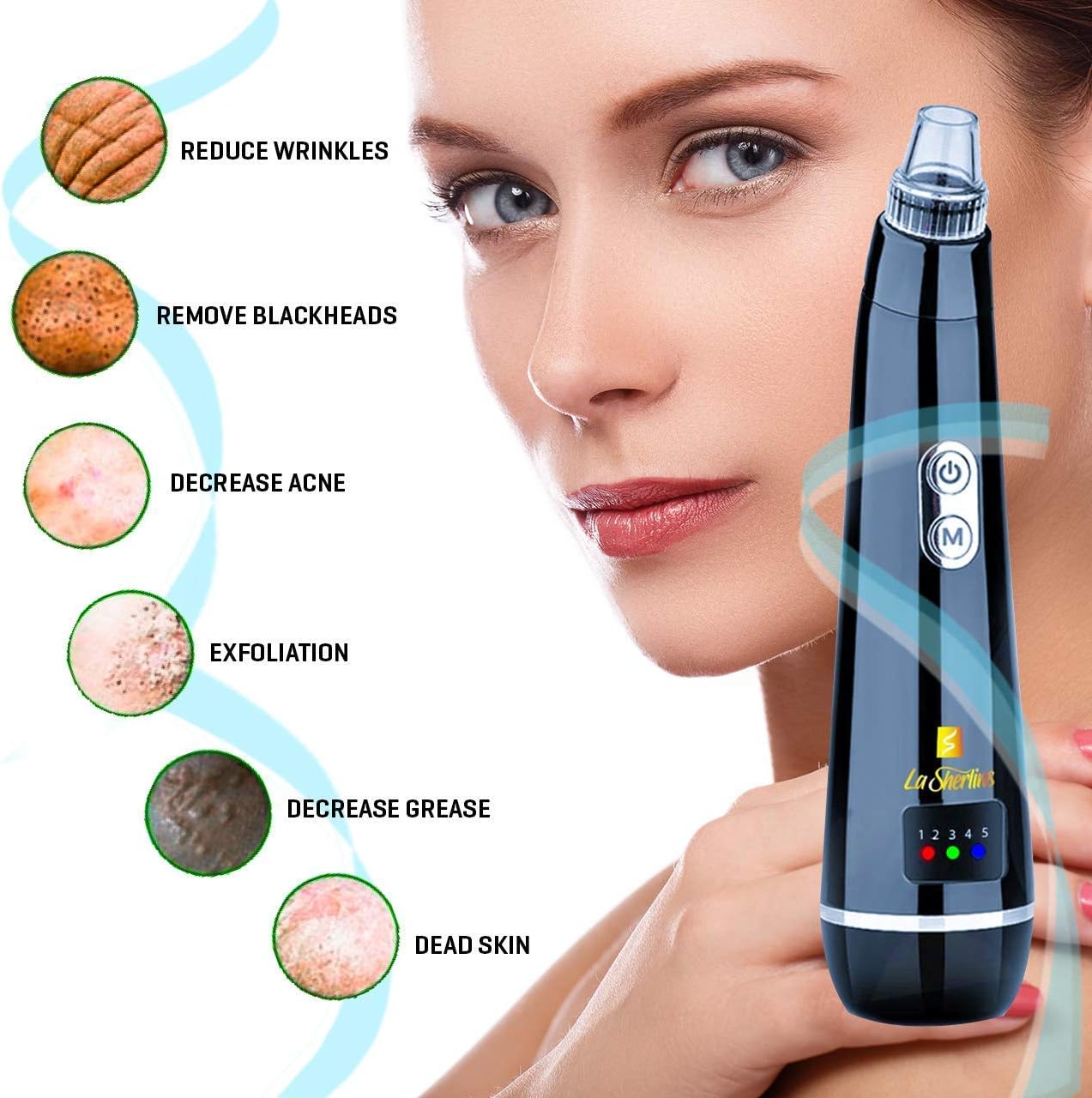 Blackhead Remover Pore Vacuum-La Sherlins New Version Blackhead Suction Device for Whitehead,Blackheads, Facial Cleaning with USB Rechargeable, Display & 5 Strong Suction Probes.(White & Black)Black.