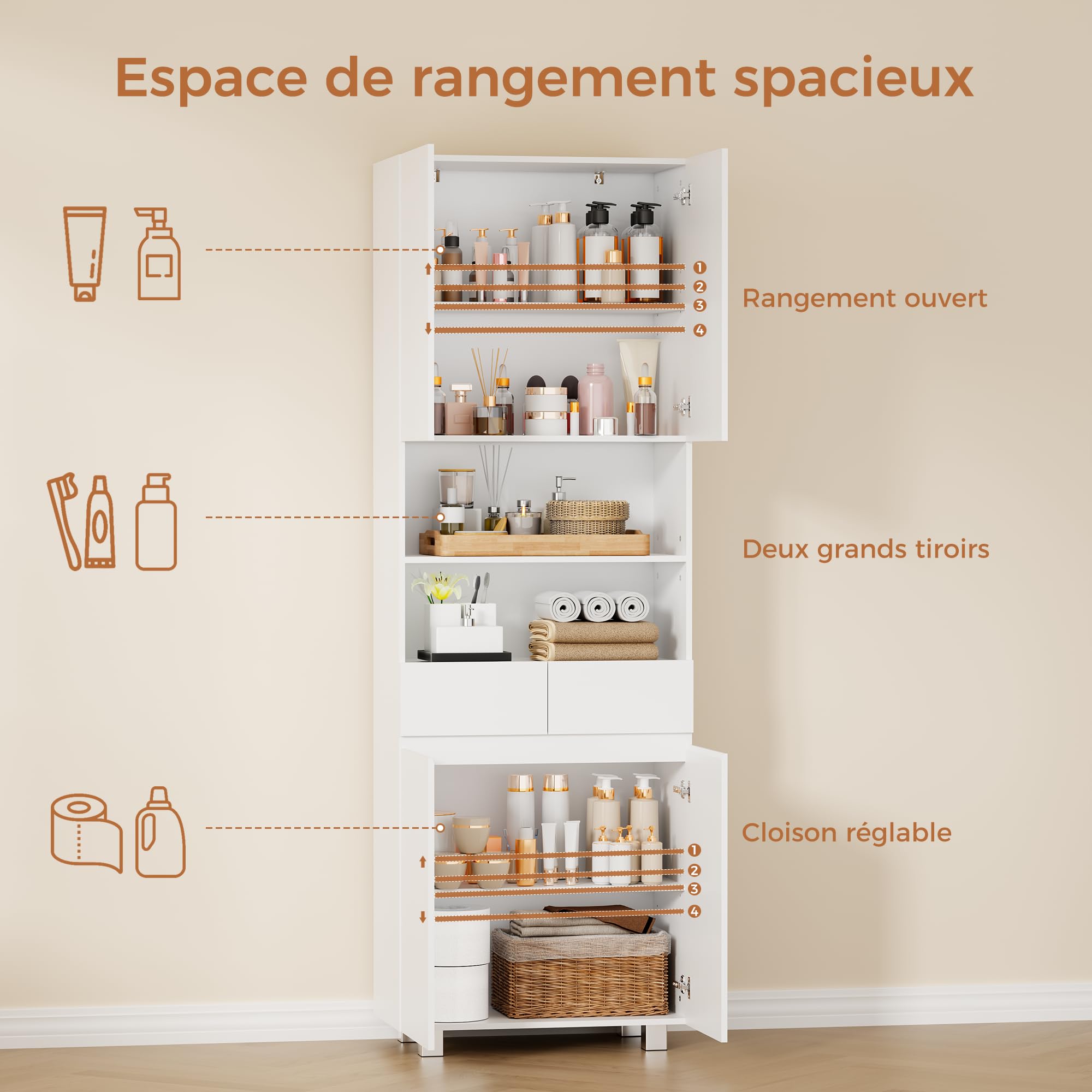 ANWBROAD Armoire de Salle de Bain,Meuble Colonne Salle de Bain,Meuble de Rangement,avec Étagères Réglables,2 Tiroir,Compartiments,pour Salon,Cuisine,30x60x180 cm,Blanc SBC012W