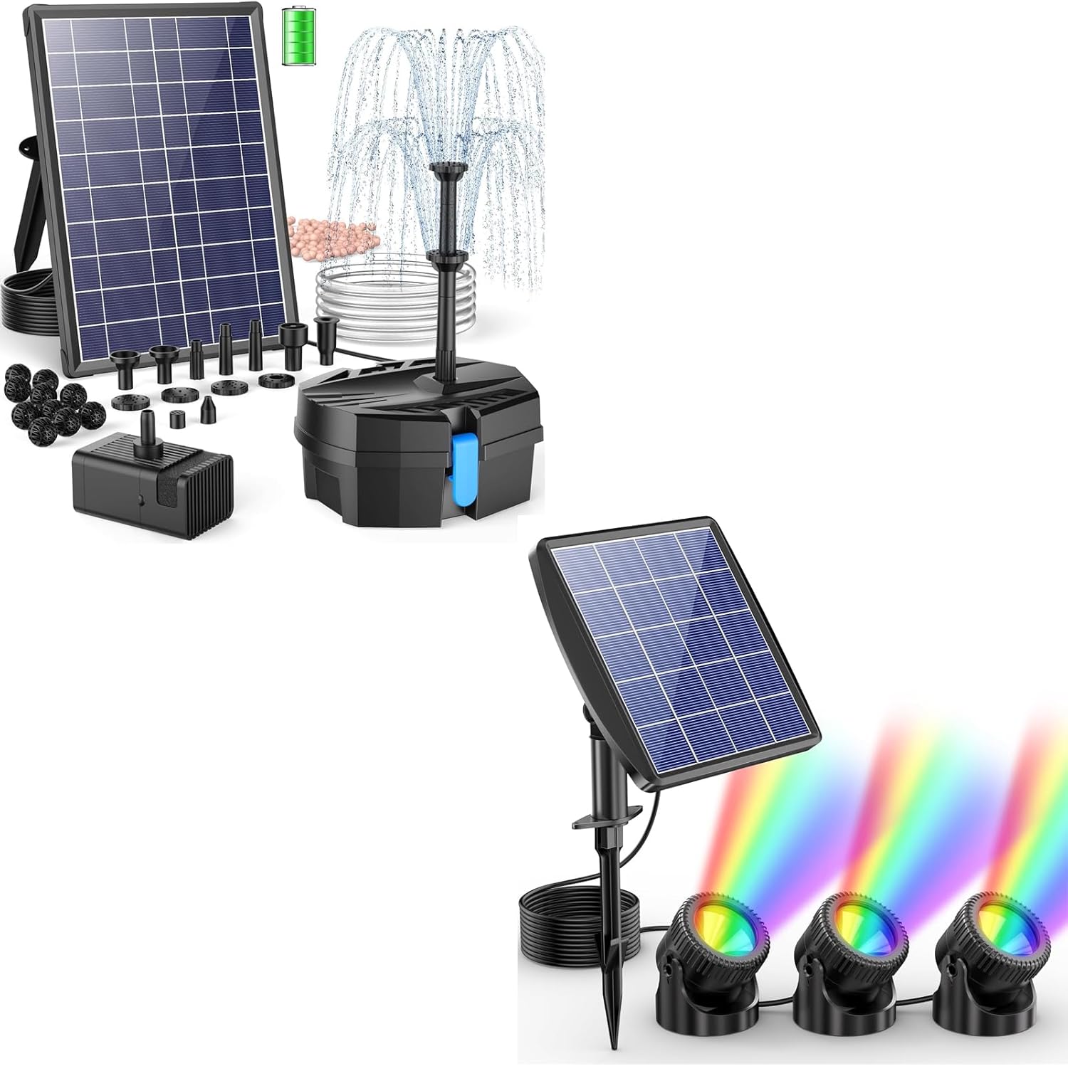 POPOSOAP 8W Solar Pond Filter Built-in Battery Backup & RGB LED Pond Lights Waterproof IP68, 2200mAh Battery Underwater Solar Lights for Pond Fountain Pool Garden Decoration(3 Headlamp)