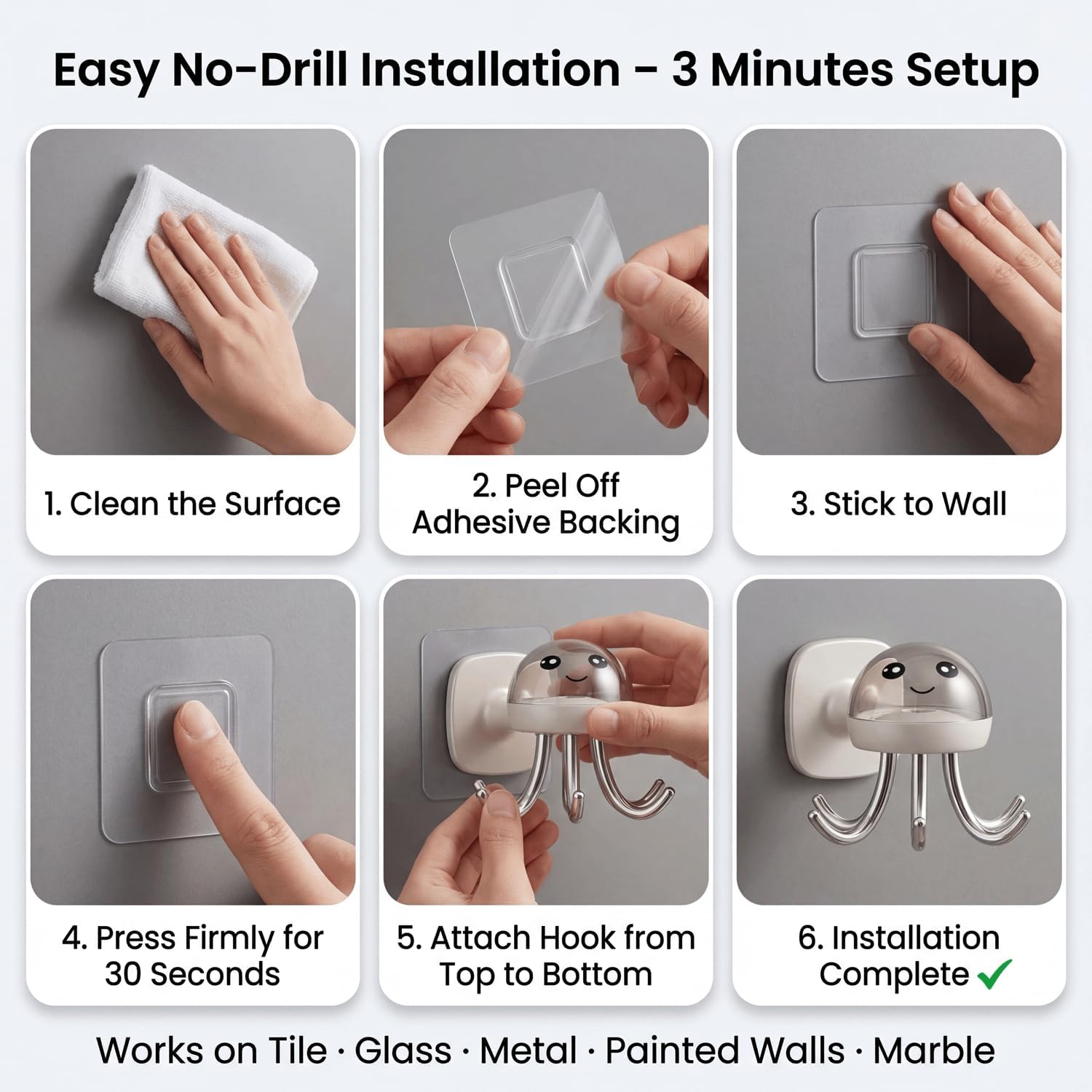 Rotating Utensil Holder with Hooks, 6-Hook Octopus Adhesive Wall Organizer, 360° Rotating No-Drill Hook Rack for Kitchen, Bathroom, Office