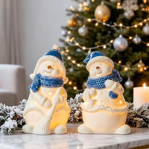 Miniatura 3 de WDS WONDROUS Decoración de muñeco de nieve de cerámica para invierno